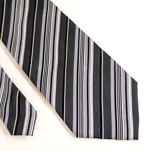Vesuvio Napoli Italy Woven Gray Black Striped Long‎ Silk Tie
